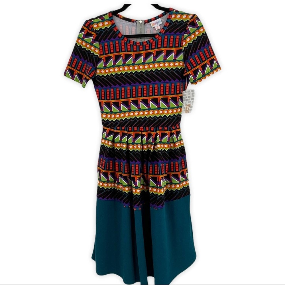 Lularoe Amelia Dress Pleats Hidden Pockets Geometric Abstract Bright XS NEW